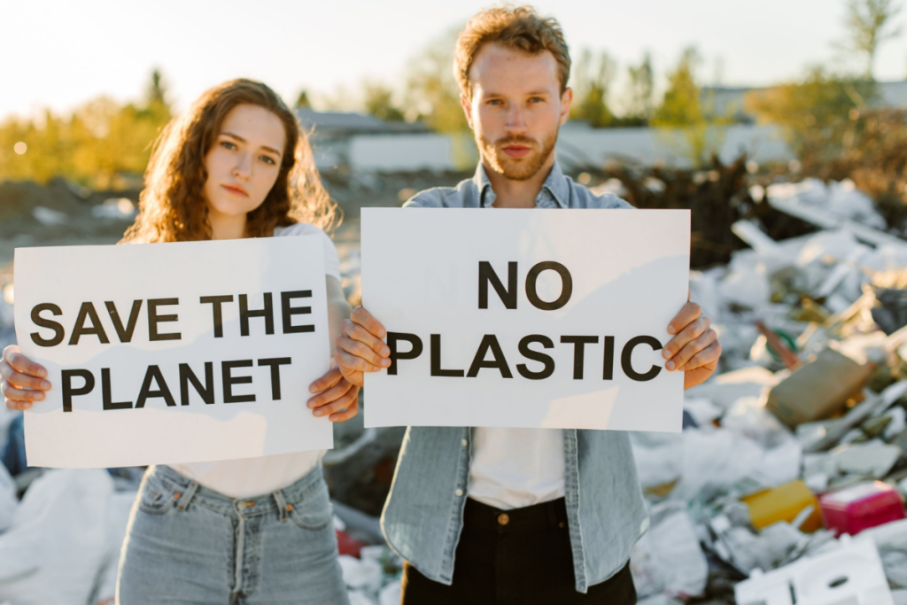 Due manifestanti tengono in mano cartelli con le scritte “Save the planet” e “No plastic” davanti a una montagna di rifiuti.