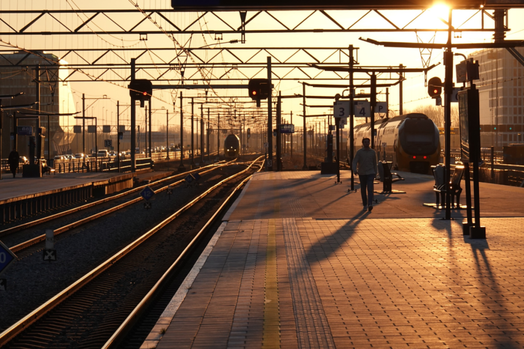 Reiziger op het perron van Station Amsterdam Zuid bij zonsondergang met naderende NS-trein