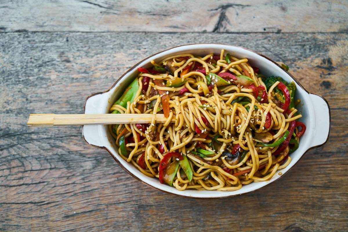 Chinese food in an oval dish