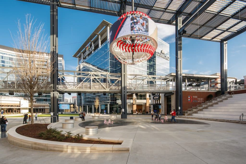 the Atlanta battery with a huge baseball hanging from the ceiling