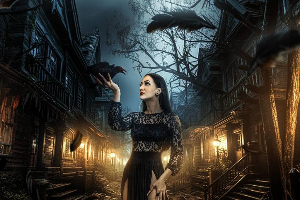 woman in dimly lit street with falling feathers