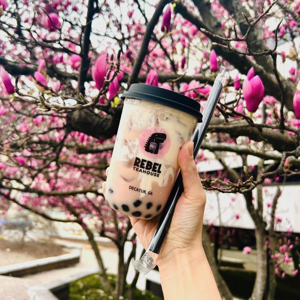 boba tea in front of a tulip tree