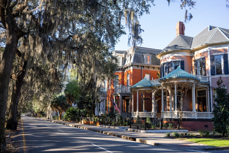 Spanish moss hangs over historic Savannah, Georgia, homes next to Forsyth park in the early morning