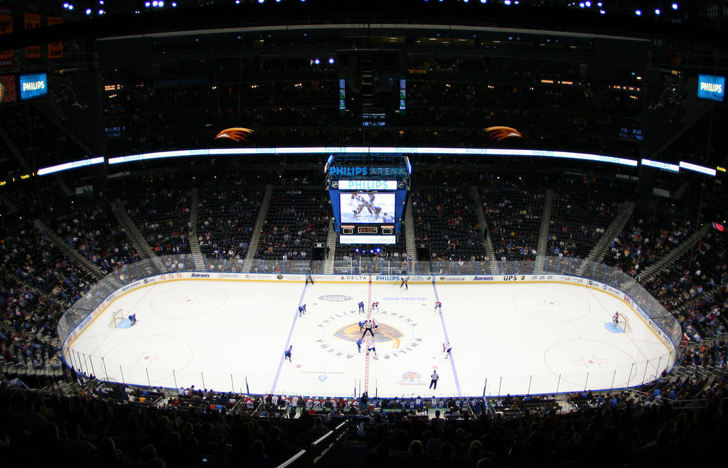Faceoff of a hockey game played in Atlanta