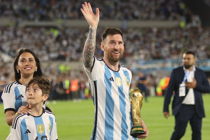 Ciudad Autonoma de Buenos Aires, Argentina, 24, March, 2023. Lionel Messi from Argentina National Team with the Fifa World Cup after the match between Argentina National Team vs. Panamá National Team