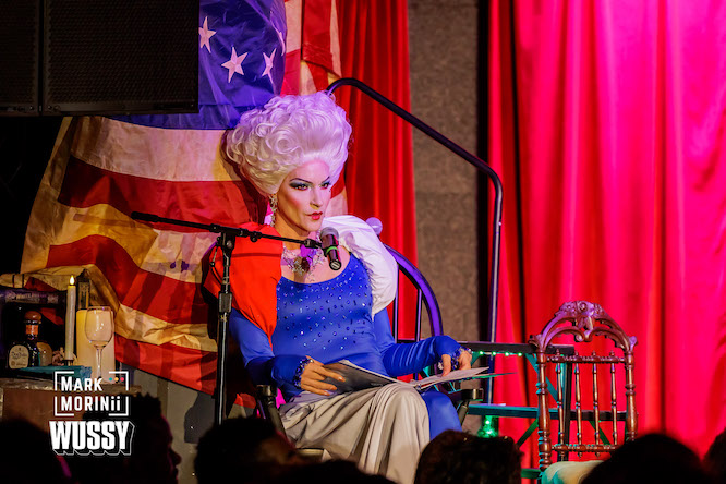drag performer dressed up in America garb