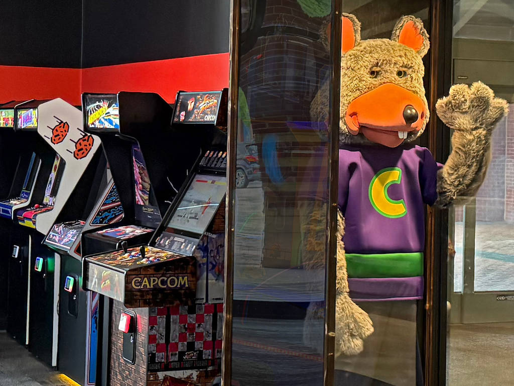 Chuck E Cheese Statue and Retro Games at Chucks Arcade in Buford GA