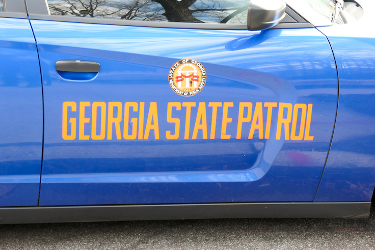 Atlanta, Georgia / USA - January 22, 2019: Georgia State Patrol Blue Car Door on Police Car for State of Georgia Department of Public Safety