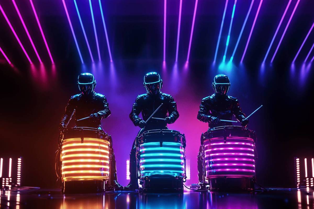 3 people play lit up drums