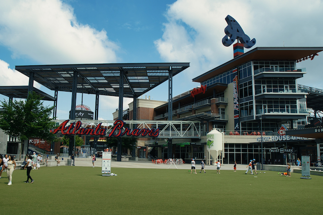 Atlanta, GA, USA: June 12,2021-An entrance to Truist Stadium in Atlanta, Georgia. The stadium is a ballpark and the home field of Major League Baseball team of Atlanta Braves.