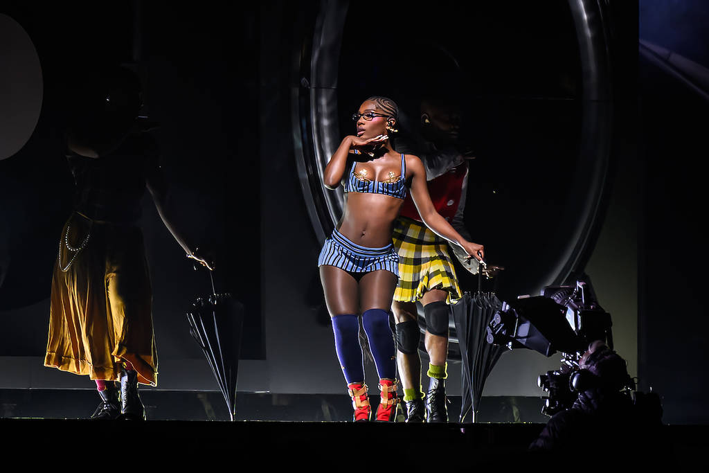 GLASTONBURY, ENGLAND - JUNE 28: American rapper and singer Doechii headlines on the West Holts Stage at the end of day four of Glastonbury festival 2025 at Worthy Farm, Pilton on June 28, 2025 in Glastonbury, England. Established by Michael Eavis in 1970, Glastonbury has grown into the UK's largest music festival, drawing over 200,000 fans to enjoy performances across more than 100 stages. In 2026, the festival will take a fallow year, a planned pause to allow the Worthy Farm site time to rest and recover. (Photo by Leon Neal/Getty Images)