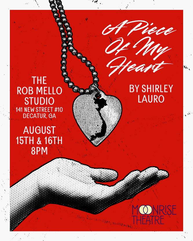 a red background with a woman holding a dog-chain locket