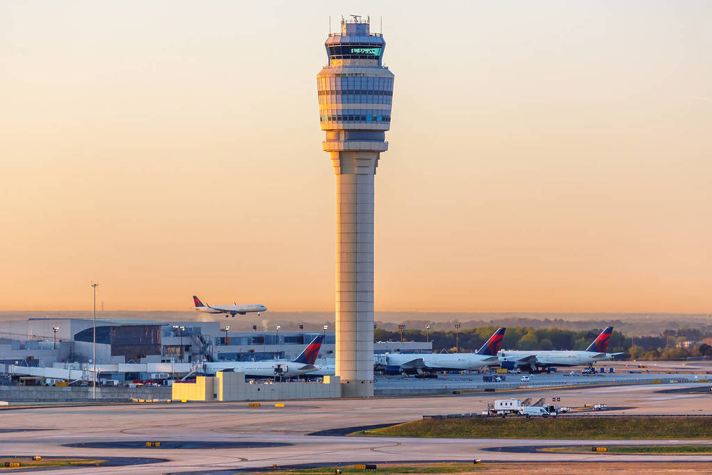 Atlanta, Georgia - April 3, 2019: Tower at Atlanta Airport (ATL) in Georgia.