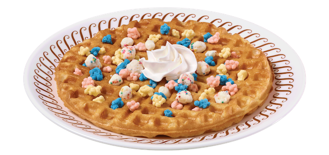 Waffle Housebirthday waffle with blue and pink toppings