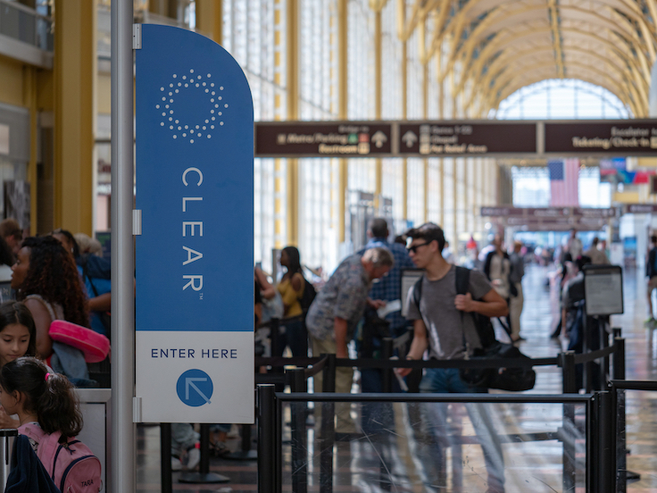 SAN FRANCISCO, CA JULY 3, 2018: CLEAR, airport line shortcut service, line at TSA security checkpoint at Reagan National Airport