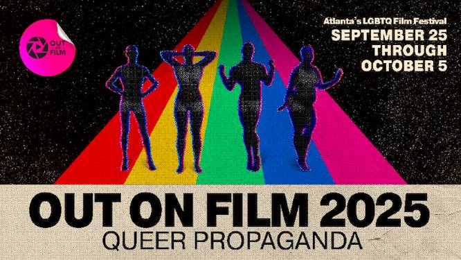 the out on film festival logo with a rainbow and black silhouettes