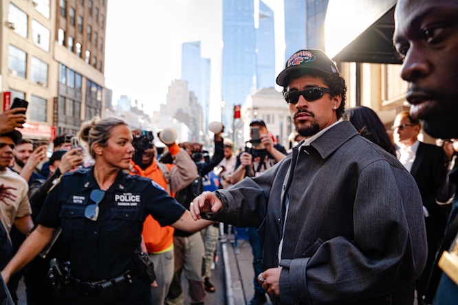 New York City, NY,USA, May 10, 2025 Bad Bunny exiting Madison Sq Garden after Knicks v Celtics Game 3