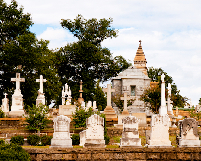 Monuments, tombstones and crypt at Oakland Cemetery in Atlanta.