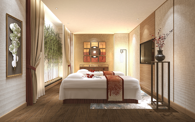 Wellness spa massage room, rendering 3D.
