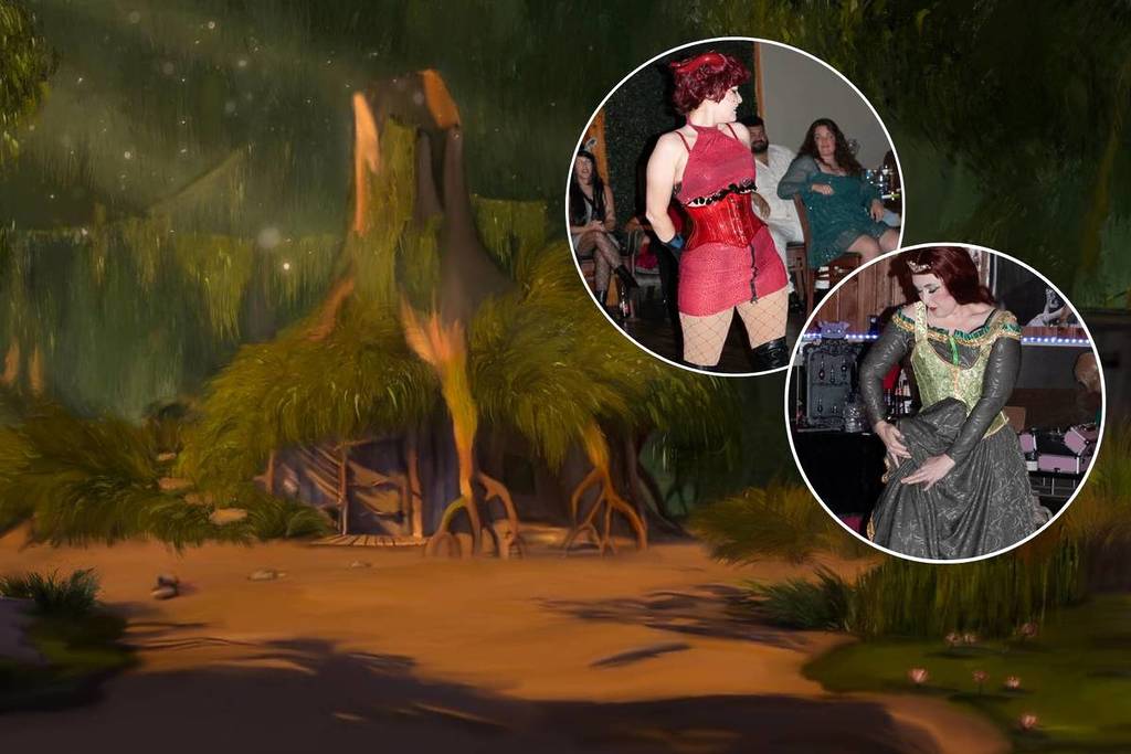 people dressed in Shrek burlesque on top of an image of his swamp