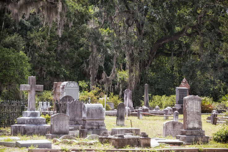 SAVANNAH, GEORGIA / USA - MAY 24, 2018: Bonaventure Cemetery in Savannah, Georgia. The cities oldest cemetery and resting place to historic figures and hauntingly beautiful memorials.