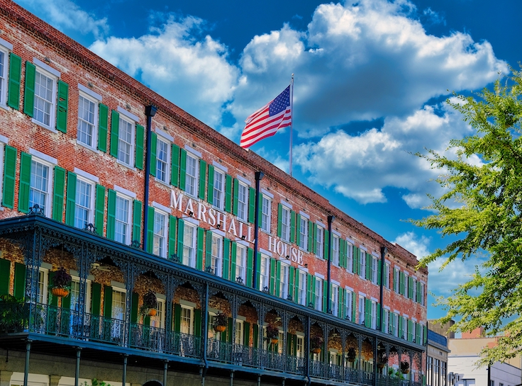 SAVANNAH, GEORGIA - October 20, 2021: Marshall House is one of the six Historic Inns of Savannah which were built in the mid 1800s. In 1864, it was occupied by Union troops as a hospital