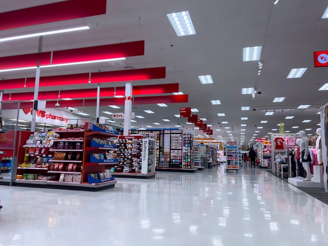 Woodinville, WA USA - circa December 2022: Wide view of the checkout section of a Target store.