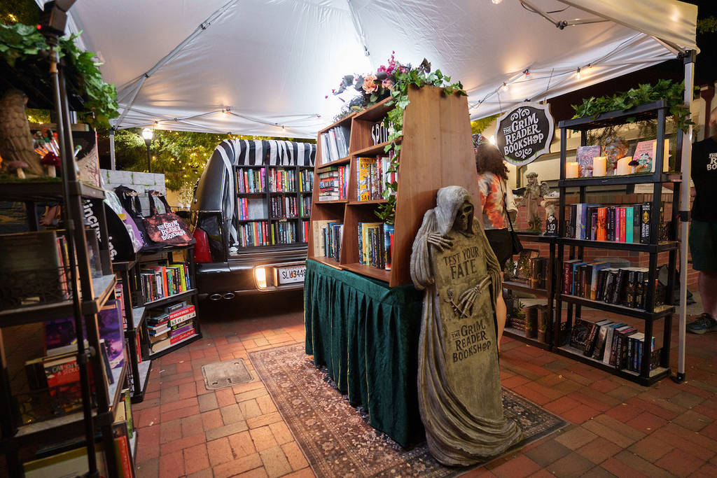 cute pop up book shop with spooky halloween decor