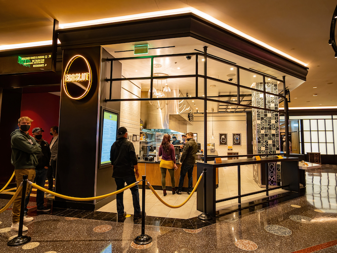 Las Vegas, JAN 27, 2021 - People waiting to buy food at Eggslut in the Cosmopolitan Casino