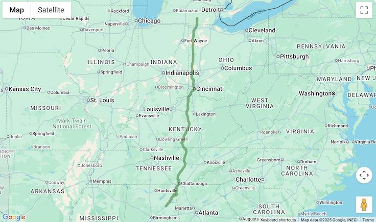 picture of a map with a huge path on it covering six states