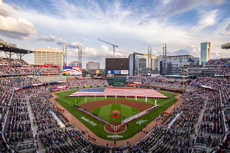 ATLANTA, GA - APRIL 04: Flyover during the national anthem game 1 against the Miami Marlins at Truist Park on Friday, April 4, 2025 in Atlanta, Georgia. (Photo by Kaleigh Bish for the Atlanta Braves)