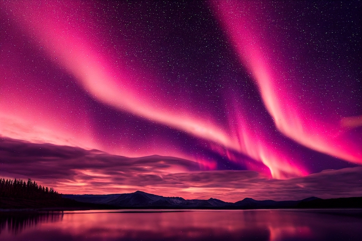 Northern Lights over lake. Aurora borealis with starry in the night sky. Fantastic Winter Epic Magical Landscape of snowy Mountains.