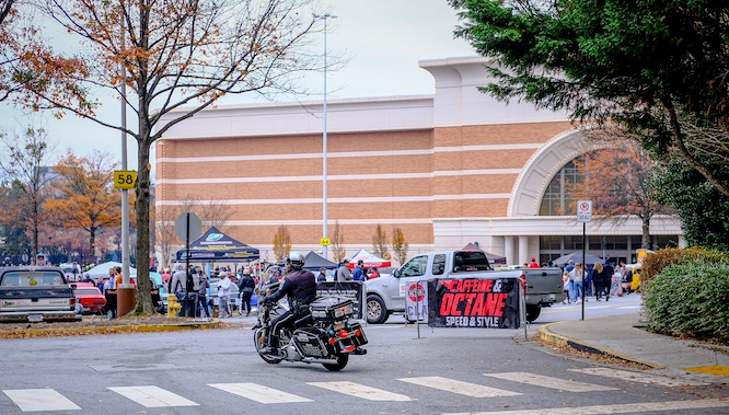 the exterior of the Dunwoody Perimeter Mall, with tents set up for a market
