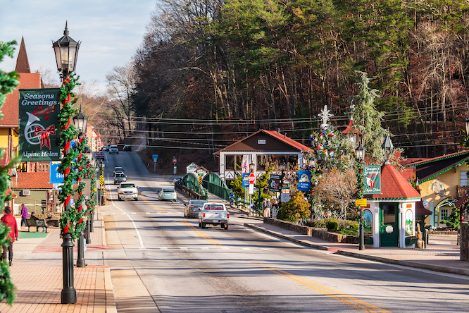 Helen, Georgia, USA - December 14, 2016: View of the Main street with Christmas decorations in bright sunny day
