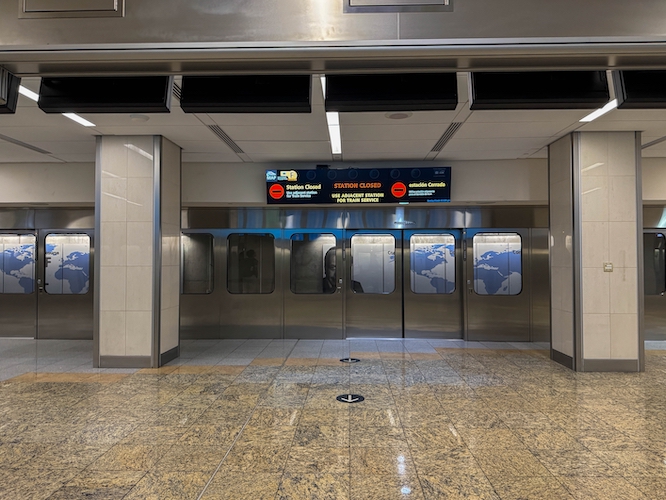 March 16, 2025:: The sign for the gate train at the Hartsfield Airport in Atlanta, GA USA.