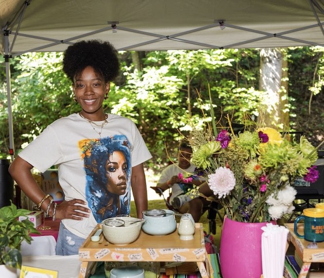 fancy yellow and green matcha pop up with flowers and bright colors