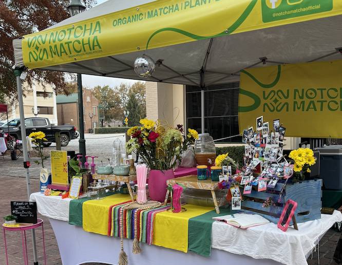 fancy yellow and green matcha pop up with flowers and bright colors