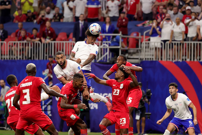 ATLANTA, GEORGIA - JUNE 27: Chris Richards #3 of the United States heads the ball during the second half against Panama at Mercedes-Benz Stadium on June 27, 2024 in Atlanta, Georgia. (Photo by Carmen Mandato/USSF/Getty Images for USSF)