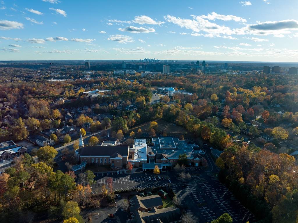 Aerial view of Atlanta buildings from Dunwoody during the fall