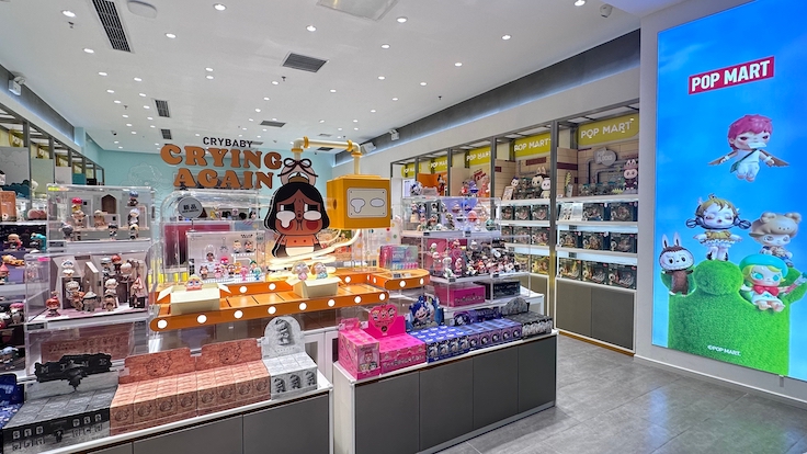 Chongqing, China - Oct 5, 2024: various toys collection from Pop Mart blind box collectable cute toys display at POP MART store in Plaza shopping mall.