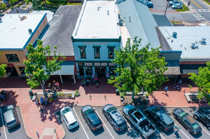 Dahlonega Georgia - June 4 2022: view of businesses along the main street and square in downtown Dahlonega Georgia