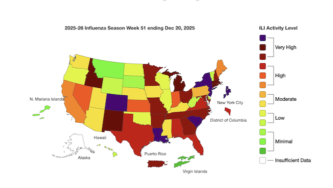 colorful map of the United States, detailing which states have the most flu outbreaks