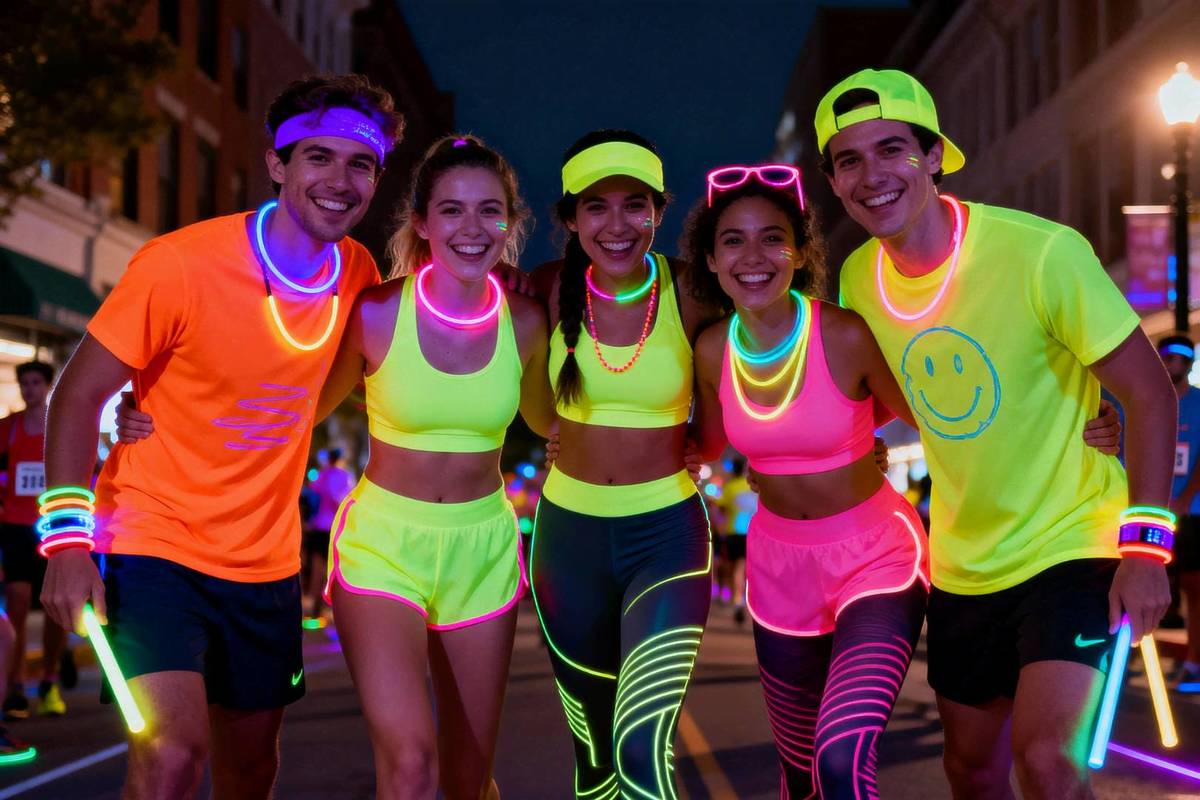 Group of people pose for photo dressed in neon active wear at neon run