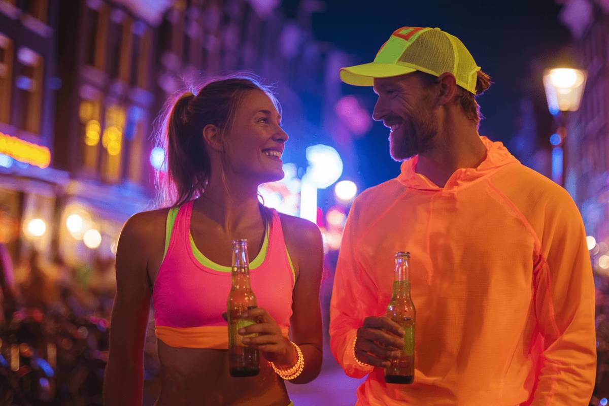 two people smile at each other while holding beer and dressed in neon clothes