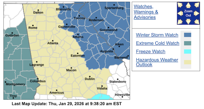 a map of Georgia and South Carolina with winter weather mix