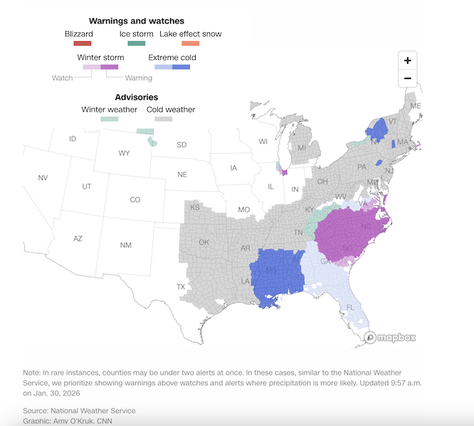 winter weather map of the southeast