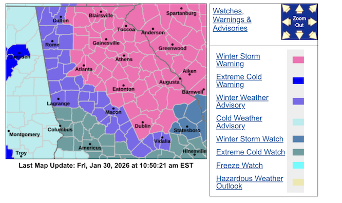 winter weather map of the southeast