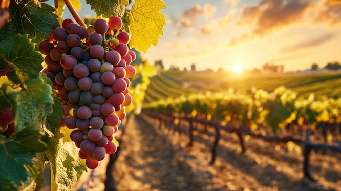 Grapes on a vine at sunset.