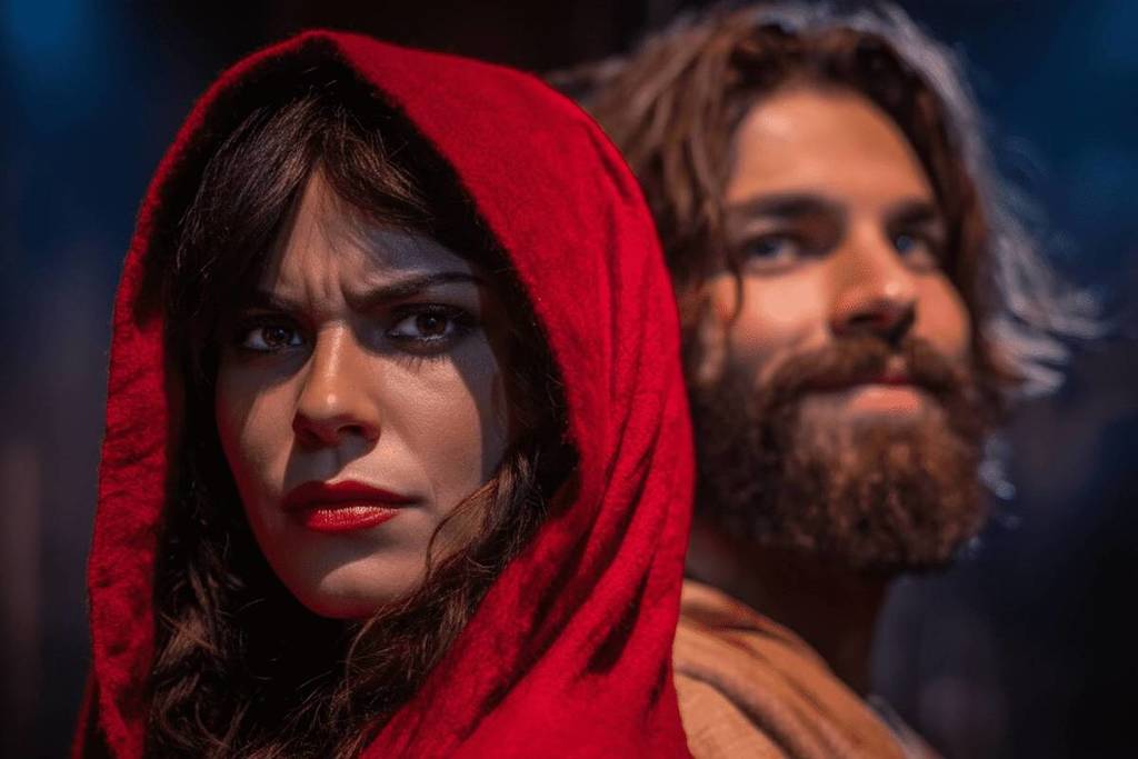 dos personajes de Once Upon a Crime miran fijamente a la cámara.