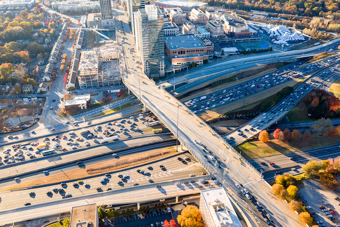 Aerial Atlanta traffic on Highway I-85 and overpass in downtown Atlanta